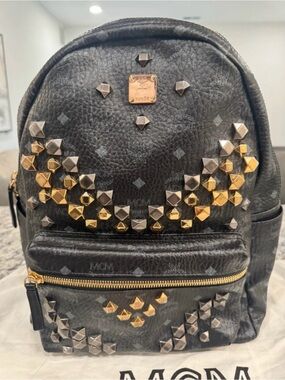 MCM Black Leather Backpack with Gold & Silver Studs